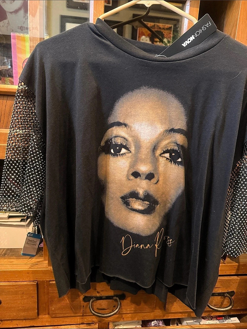 Diana Ross Rhinestone Short Sleeve Tee Shirt Rhinestone Black & Silver Size XL